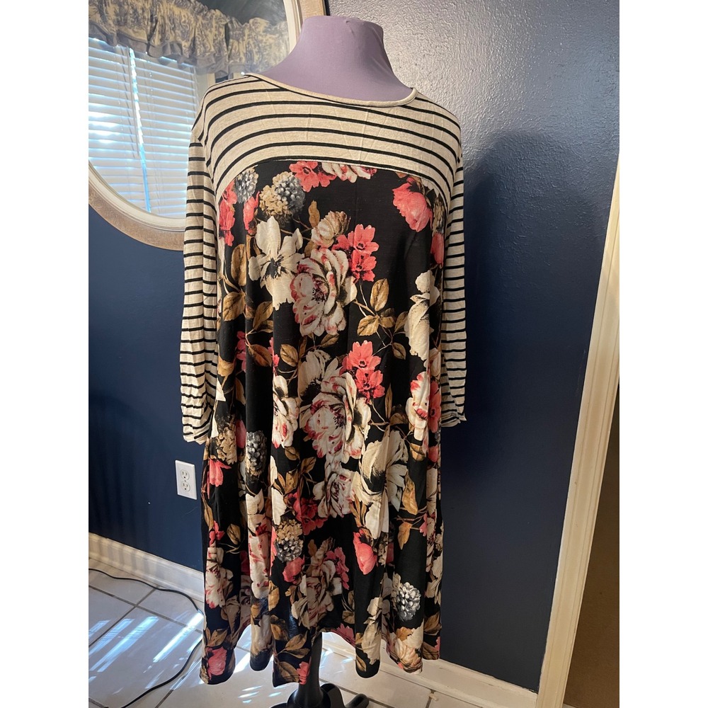 Dressing Gaudy Long Sleeve Striped‎ Floral Print Swing Dress XL